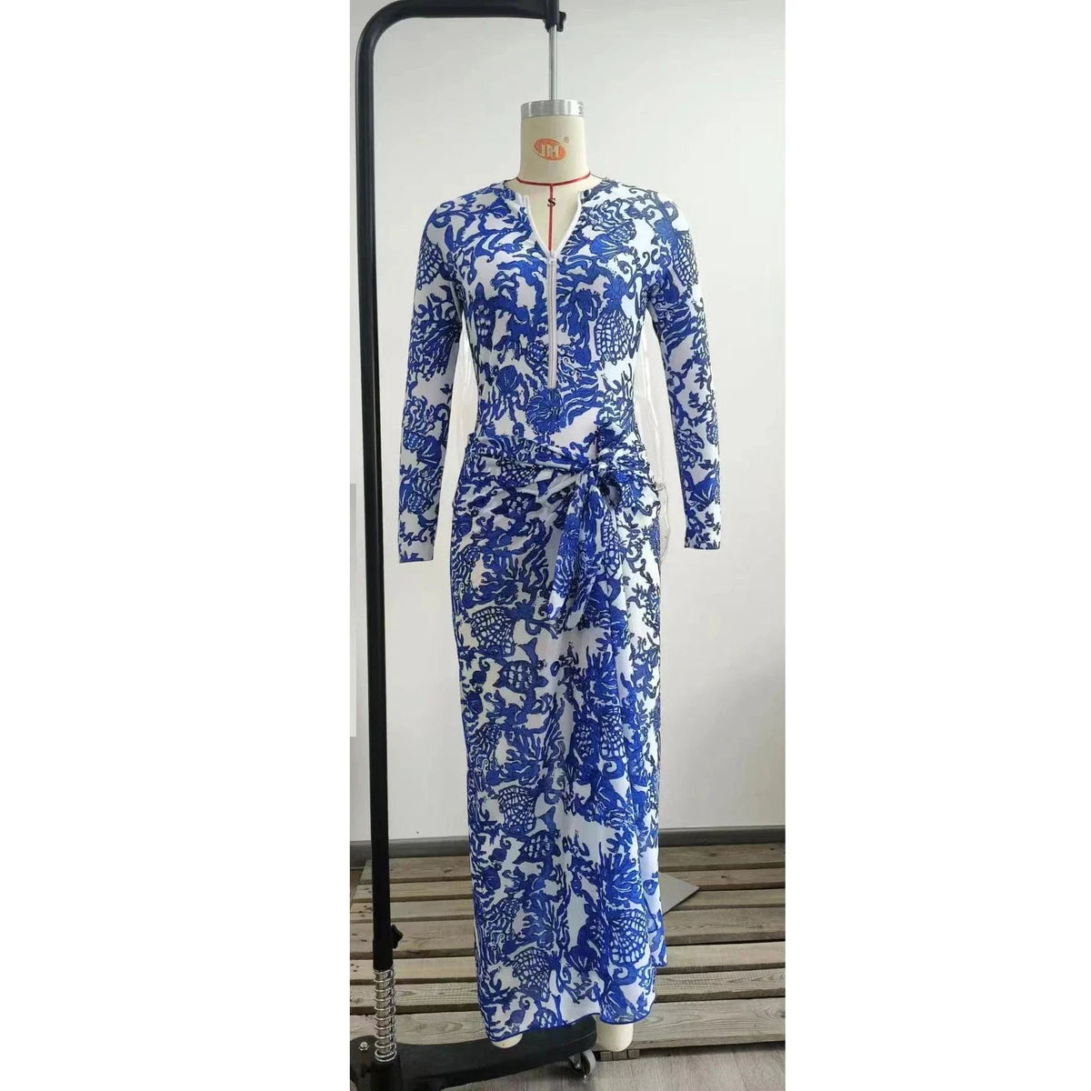 One Piece Swimsuit Long Sleeve Zip Front Blue White One Piece Surf Swimsuit and Sarong Swimwear Slimming Bathing Suit Beach Wear - A-1 Thread Vault