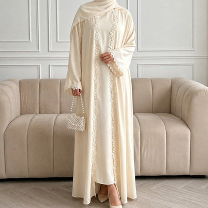 Open Front Abaya with 3D Floral Lace Trim(MOA318) - A-1 Thread Vault