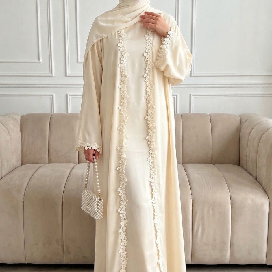 Open Front Abaya with 3D Floral Lace Trim(MOA318) - A-1 Thread Vault