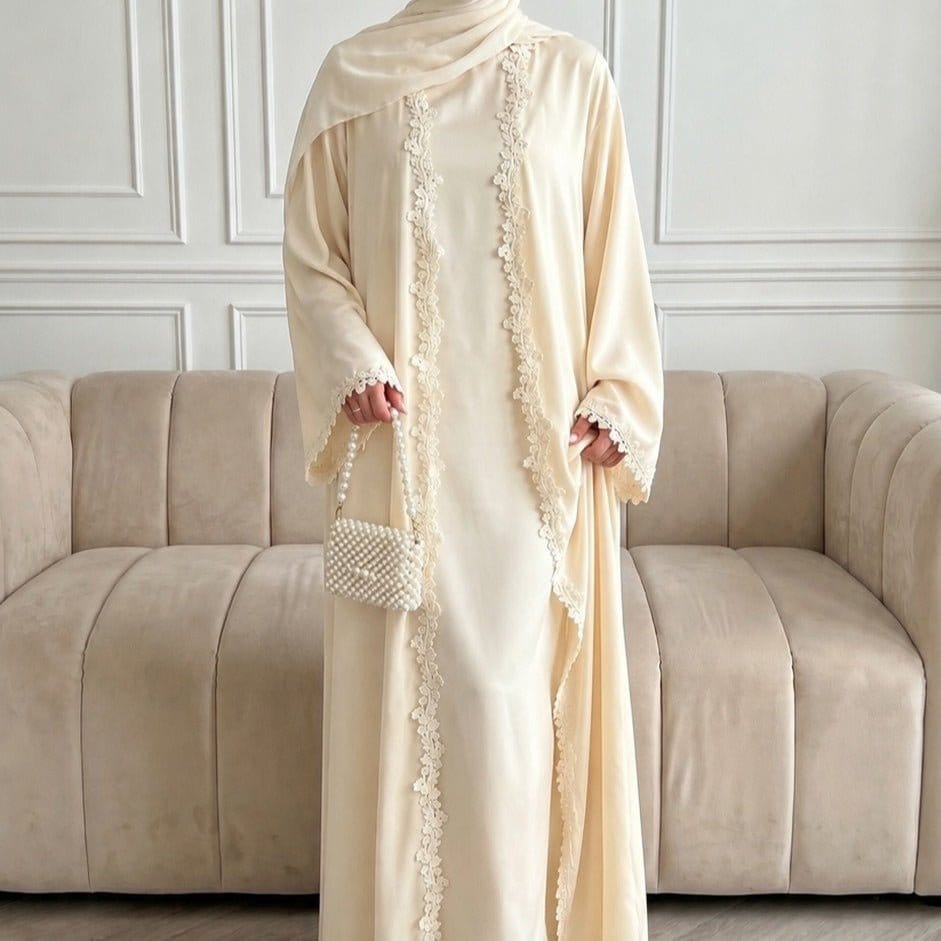 Open Front Abaya with 3D Floral Lace Trim(MOA318) - A-1 Thread Vault