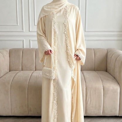 Open Front Abaya with 3D Floral Lace Trim(MOA318) - A-1 Thread Vault
