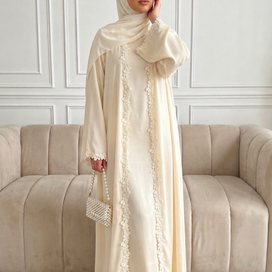 Open Front Abaya with 3D Floral Lace Trim(MOA318) - A-1 Thread Vault