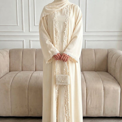 Open Front Abaya with 3D Floral Lace Trim(MOA318) - A-1 Thread Vault
