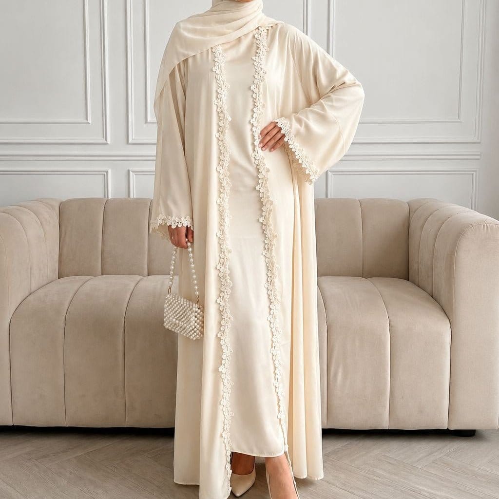 Open Front Abaya with 3D Floral Lace Trim(MOA318) - A-1 Thread Vault