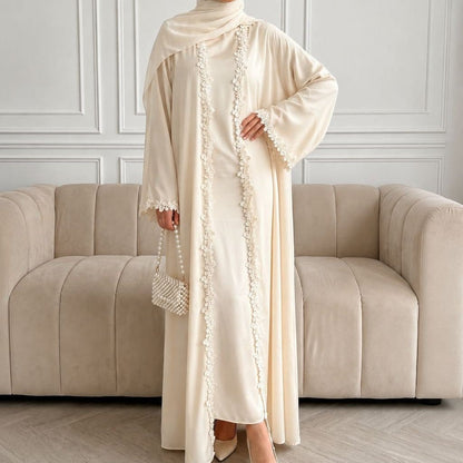 Open Front Abaya with 3D Floral Lace Trim(MOA318) - A-1 Thread Vault