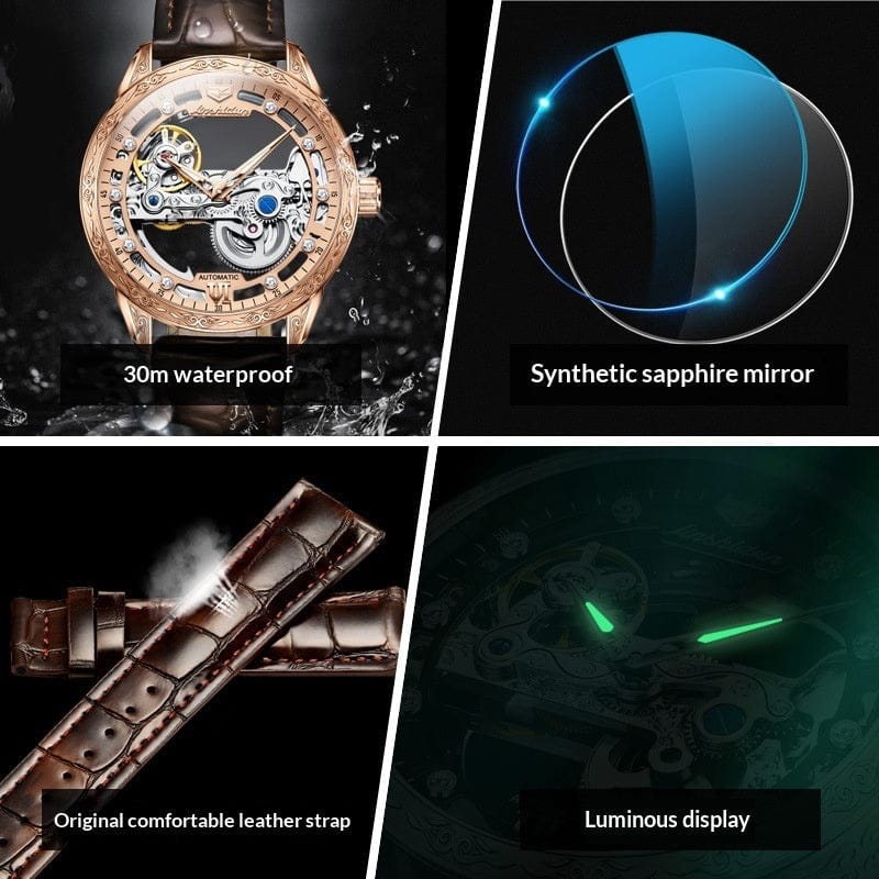 Openwork Mechanical Watch With Waterproof Leather Strap For Men - A-1 Thread Vault