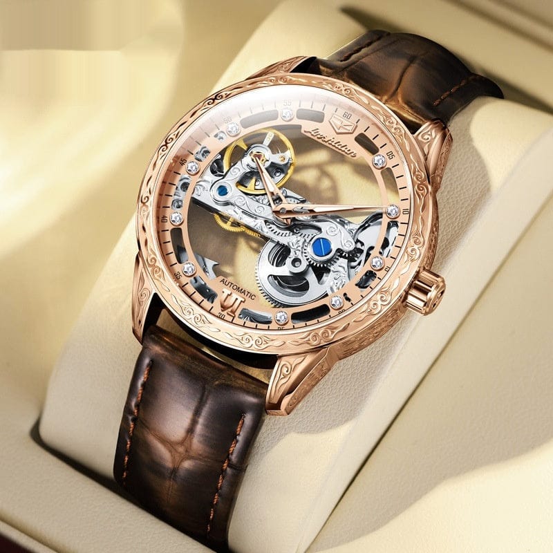 Openwork Mechanical Watch With Waterproof Leather Strap For Men - A-1 Thread Vault