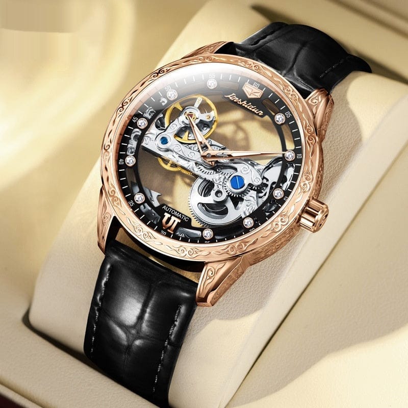 Openwork Mechanical Watch With Waterproof Leather Strap For Men - A-1 Thread Vault