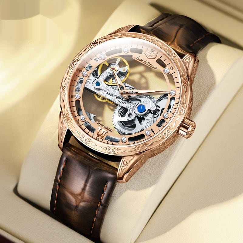 Openwork Mechanical Watch With Waterproof Leather Strap For Men - A-1 Thread Vault