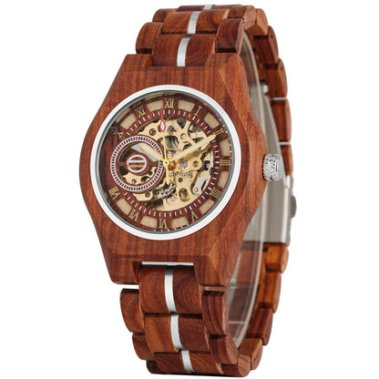 A wooden wristwatch with a round case and matching link bracelet features a visible skeletonized mechanical movement, gold-tone hands, and a dial with Roman numeral hour markers.
