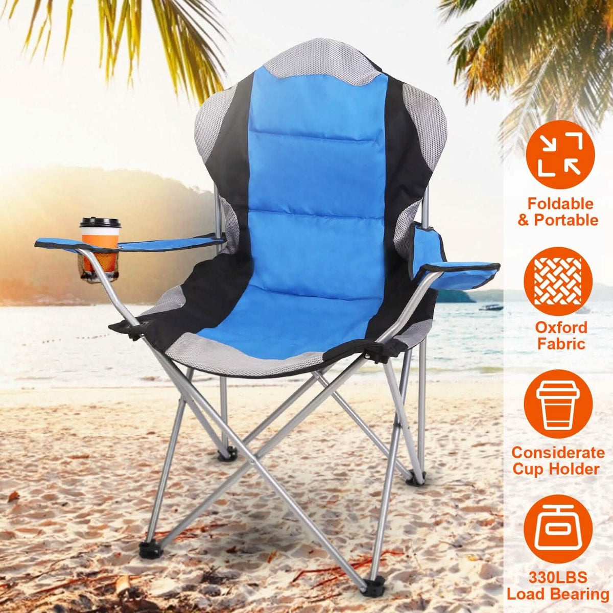 Padded Seat Arm Back Foldable Camping Chair Heavy Duty Steel Lawn - A-1 Thread Vault