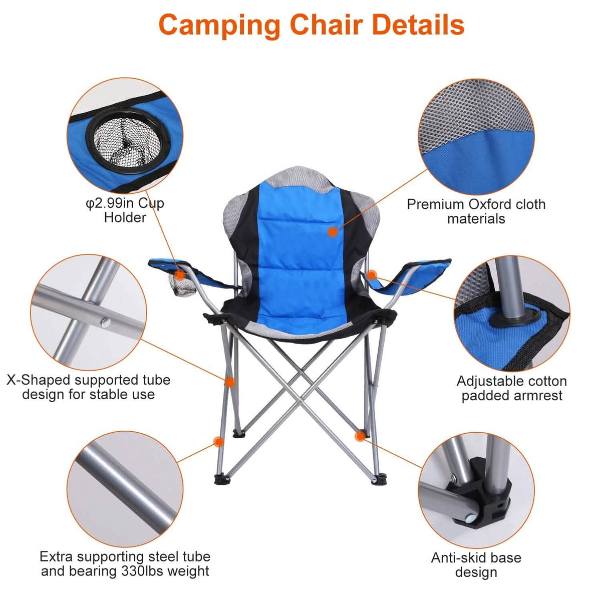 Padded Seat Arm Back Foldable Camping Chair Heavy Duty Steel Lawn - A-1 Thread Vault