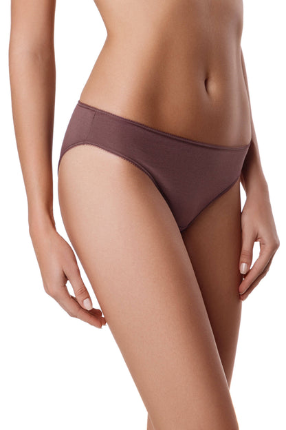 A pair of solid dark brown bikini-cut panties with thin elastic trim on a model's hips.