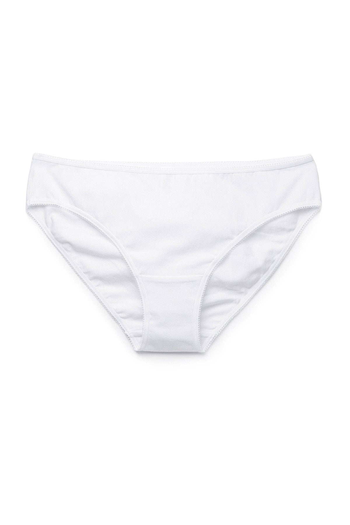 A pair of white briefs with a simple, solid design and elastic trim.