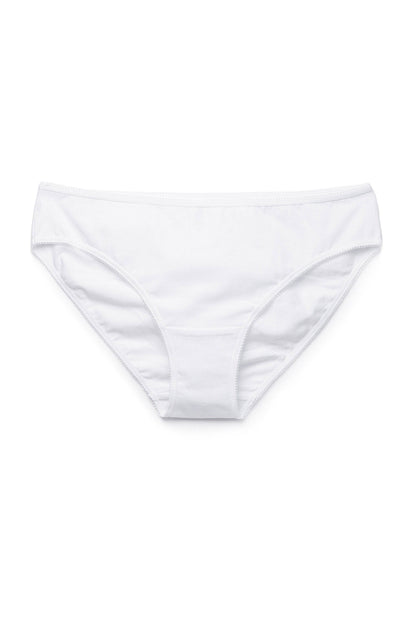 A pair of white briefs with a simple, solid design and elastic trim.