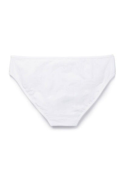 A pair of plain white women's briefs shown from the back against a white background.