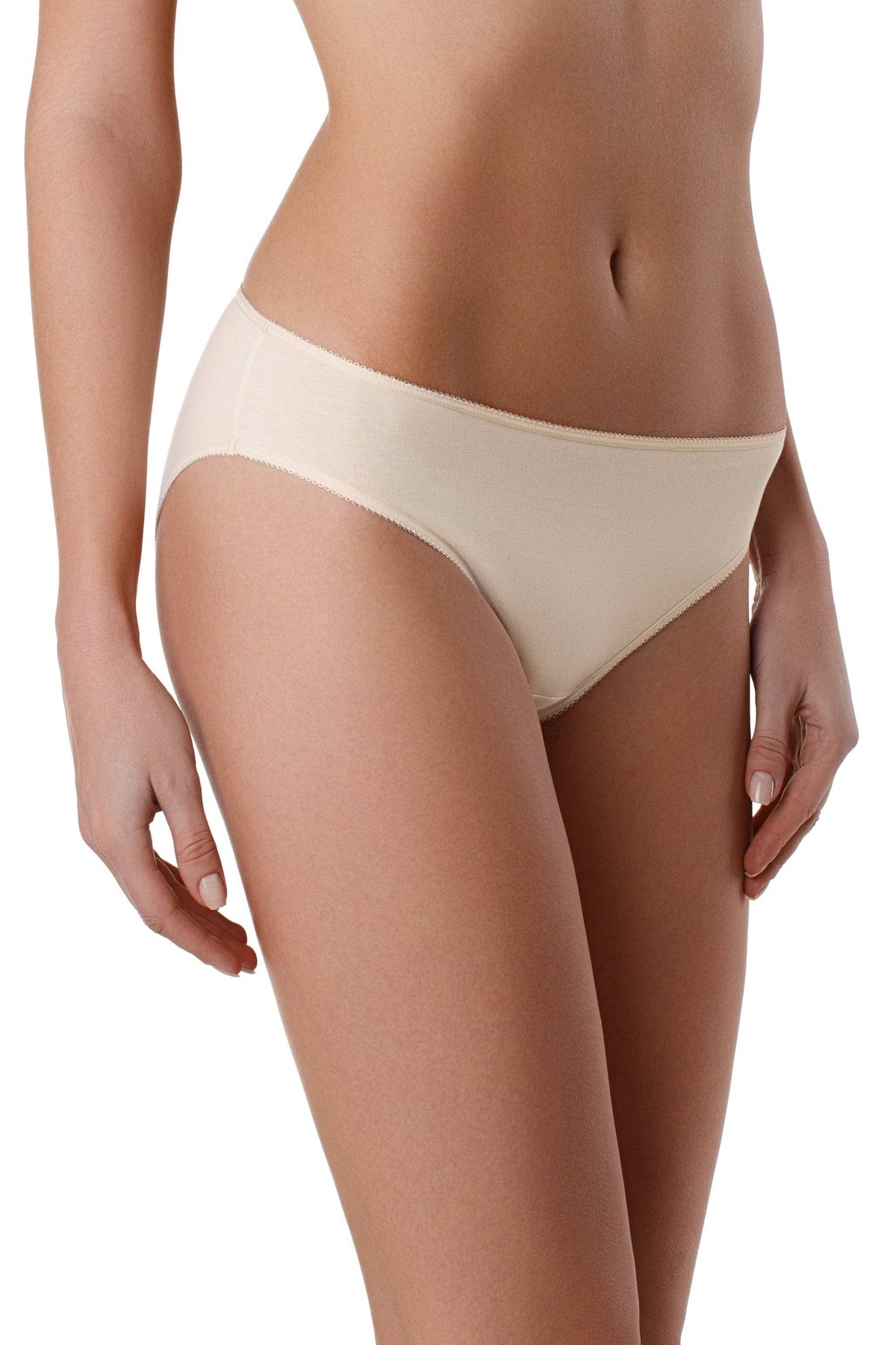 Beige bikini-style underwear worn on a woman's torso, featuring simple elasticated seams along the waist and leg openings.