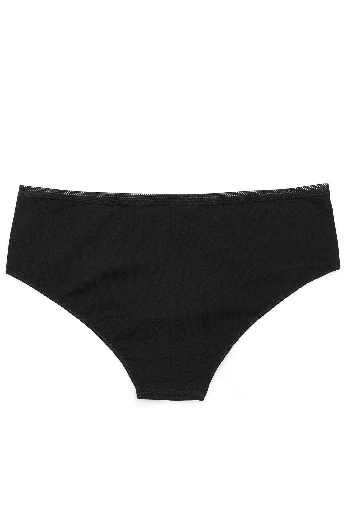 Black bikini-style panties with a delicate mesh trim along the waistband, shown against a plain white background.