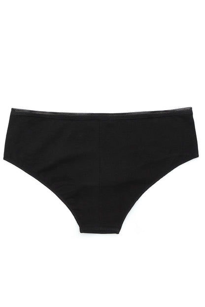 Black bikini-style panties with a delicate mesh trim along the waistband, shown against a plain white background.