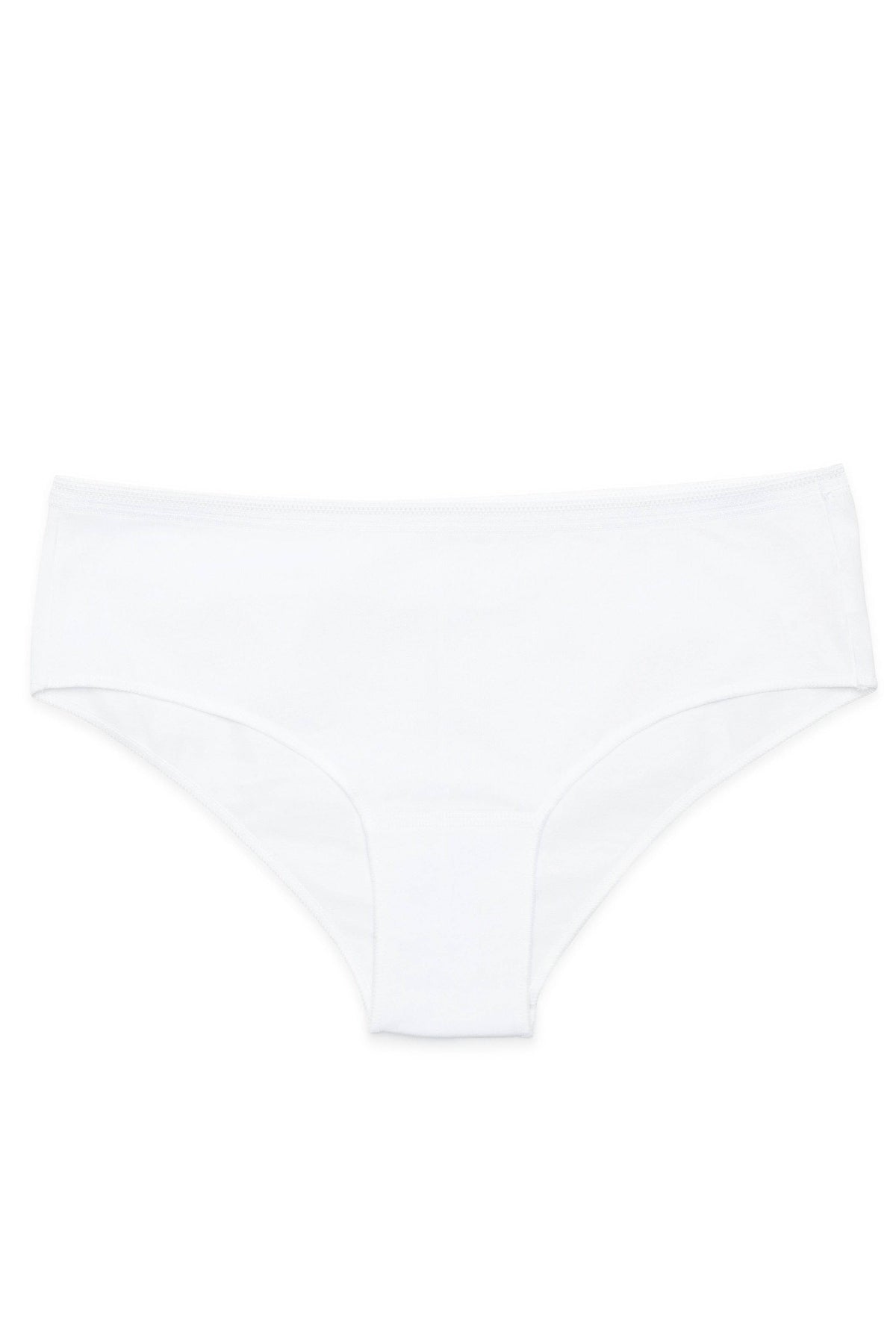 A pair of plain white women's briefs on a white background.