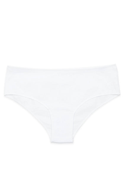 A pair of plain white women's briefs on a white background.