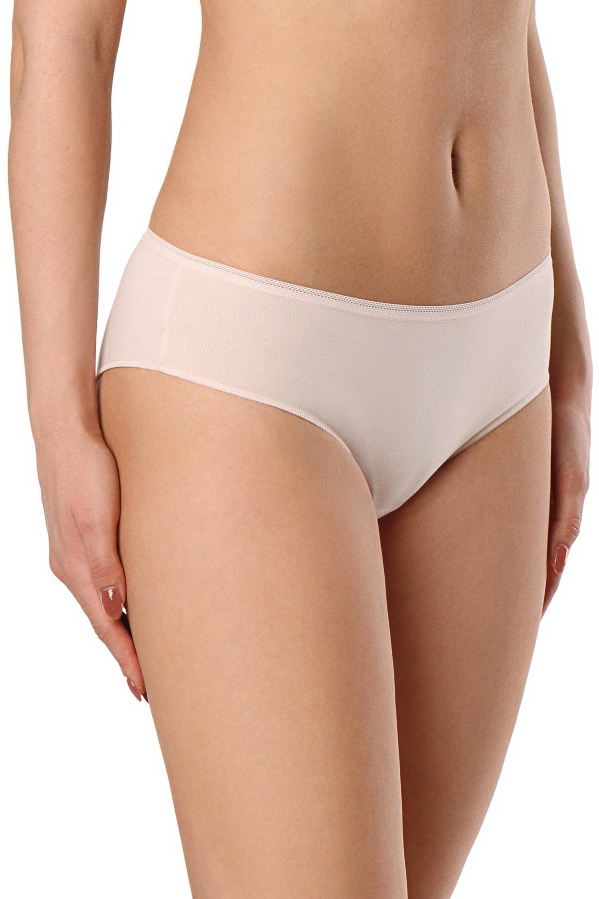 Beige bikini-style underwear with a delicate lace trim along the waistband worn by a person.