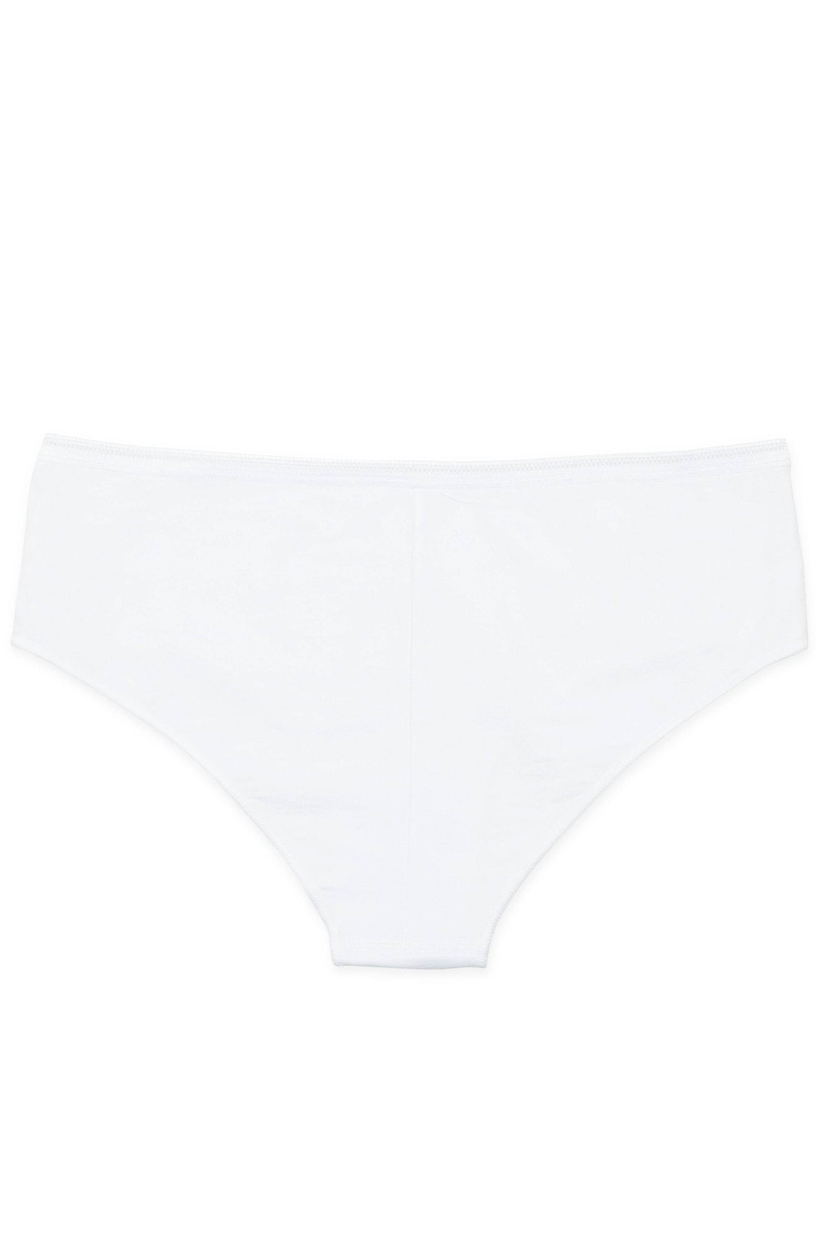 A pair of plain white women's briefs shown from the back against a white background.