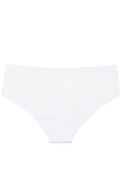 A pair of plain white women's briefs shown from the back against a white background.