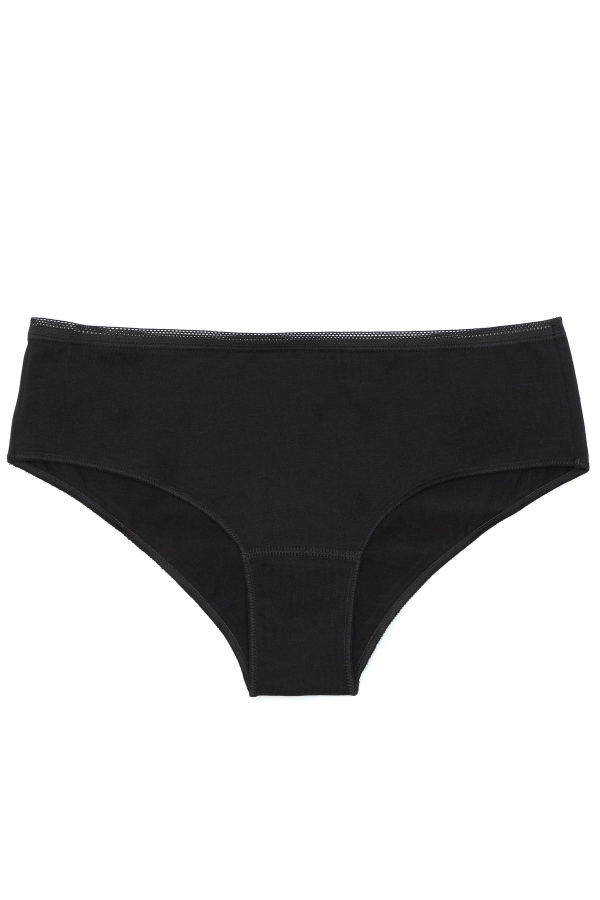 A pair of black women's briefs featuring a solid color design with a subtle mesh-like texture along the elastic waistband.