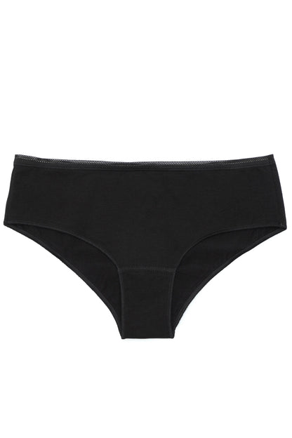 A pair of black women's briefs featuring a solid color design with a subtle mesh-like texture along the elastic waistband.