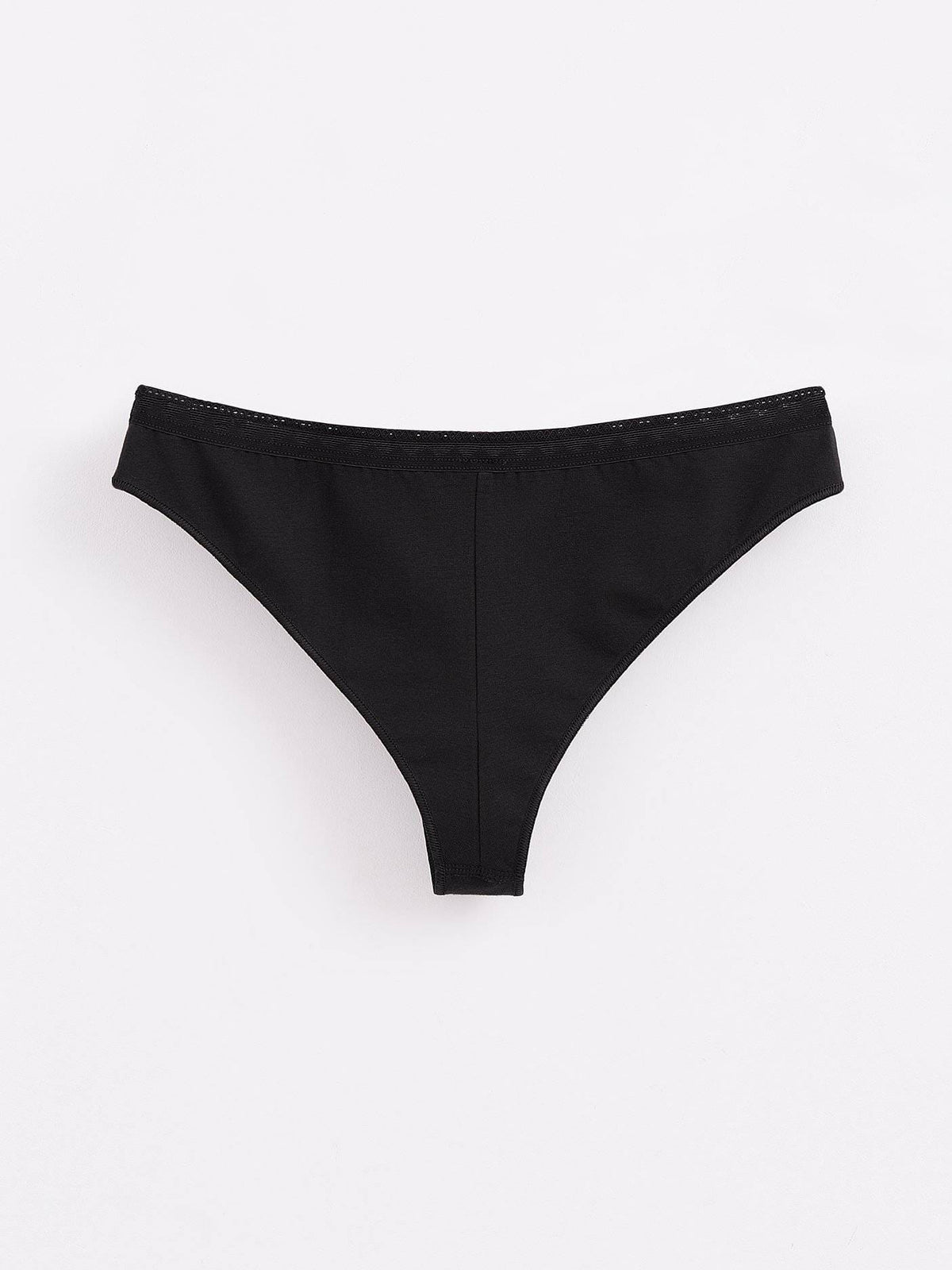 A pair of black bikini-style underwear with a thin, decorative stitched trim along the waistband, displayed against a plain light gray background.