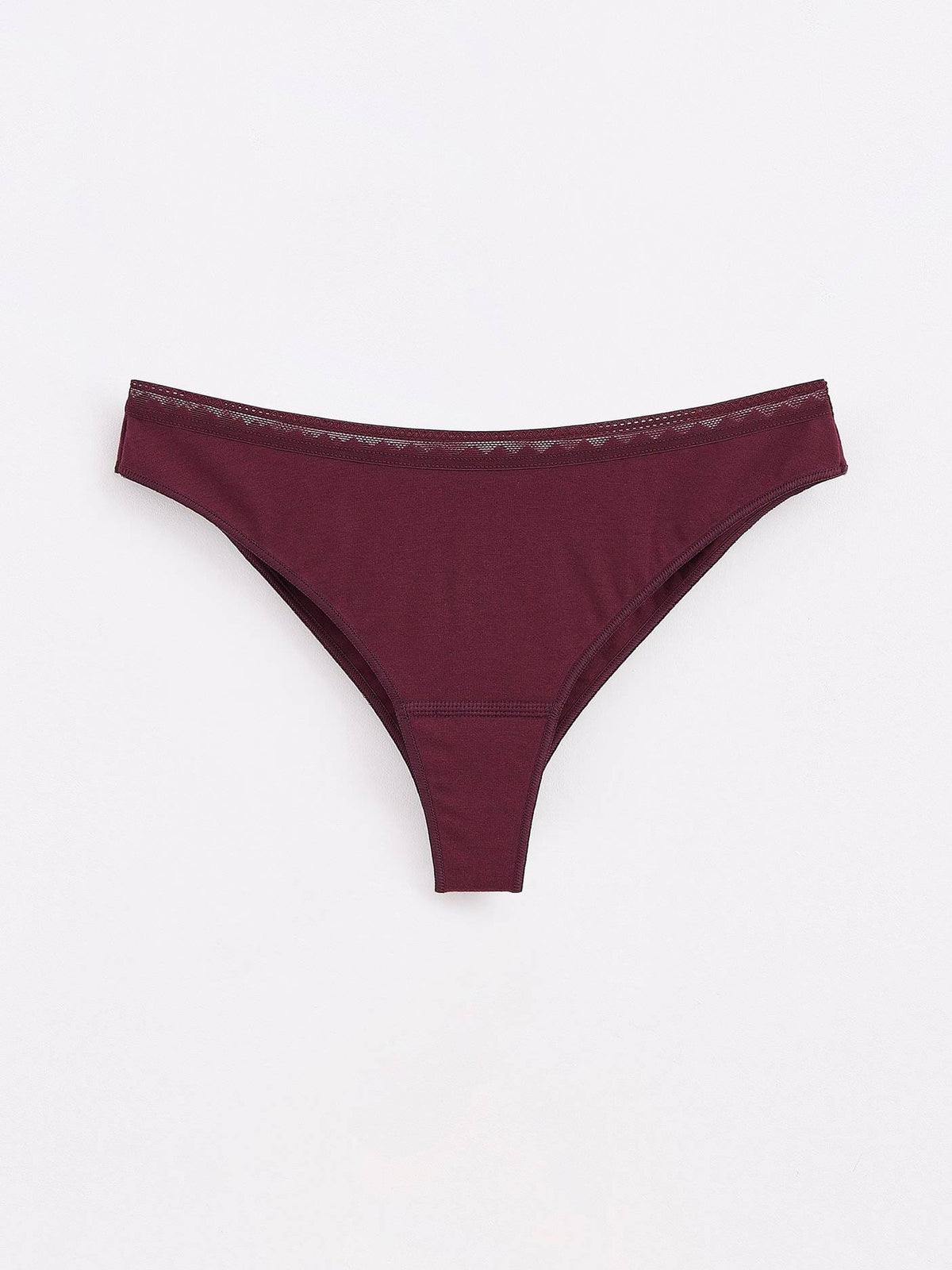 Deep burgundy thong underwear featuring a simple silhouette and a delicate mesh trim along the waistband.
