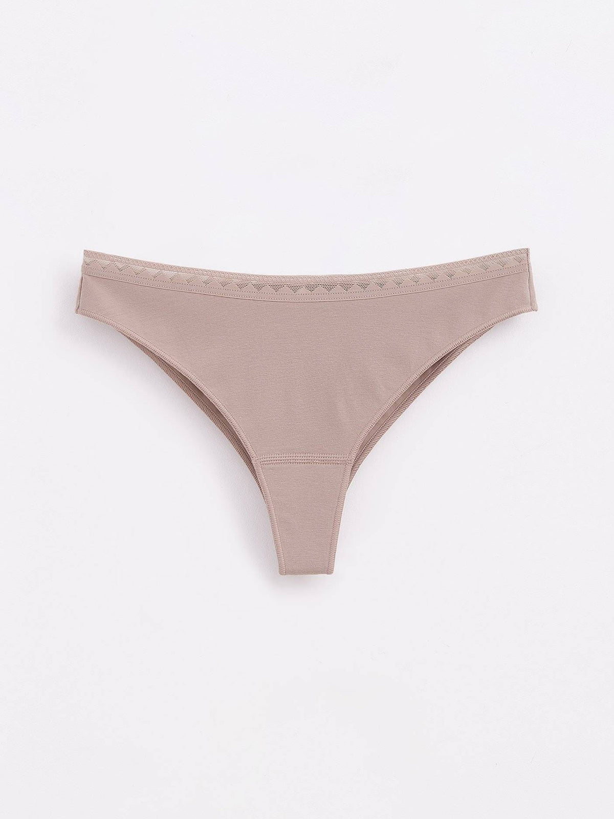 A pair of taupe thong panties with a decorative geometric trim along the waistband, shown against a plain white background.