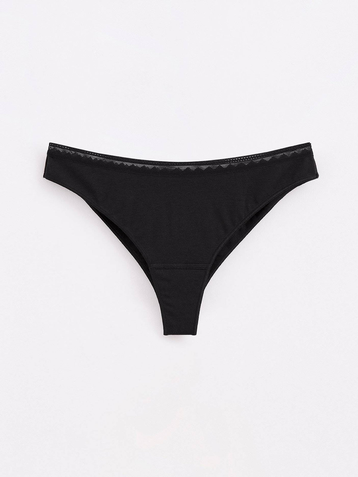 Black cotton thong underwear featuring a minimalist design with a delicate, decorative lace trim along the waistband against a plain light gray background.