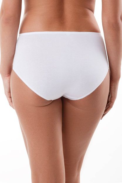 A pair of white high-cut cotton briefs shown from the back on a person against a white background.