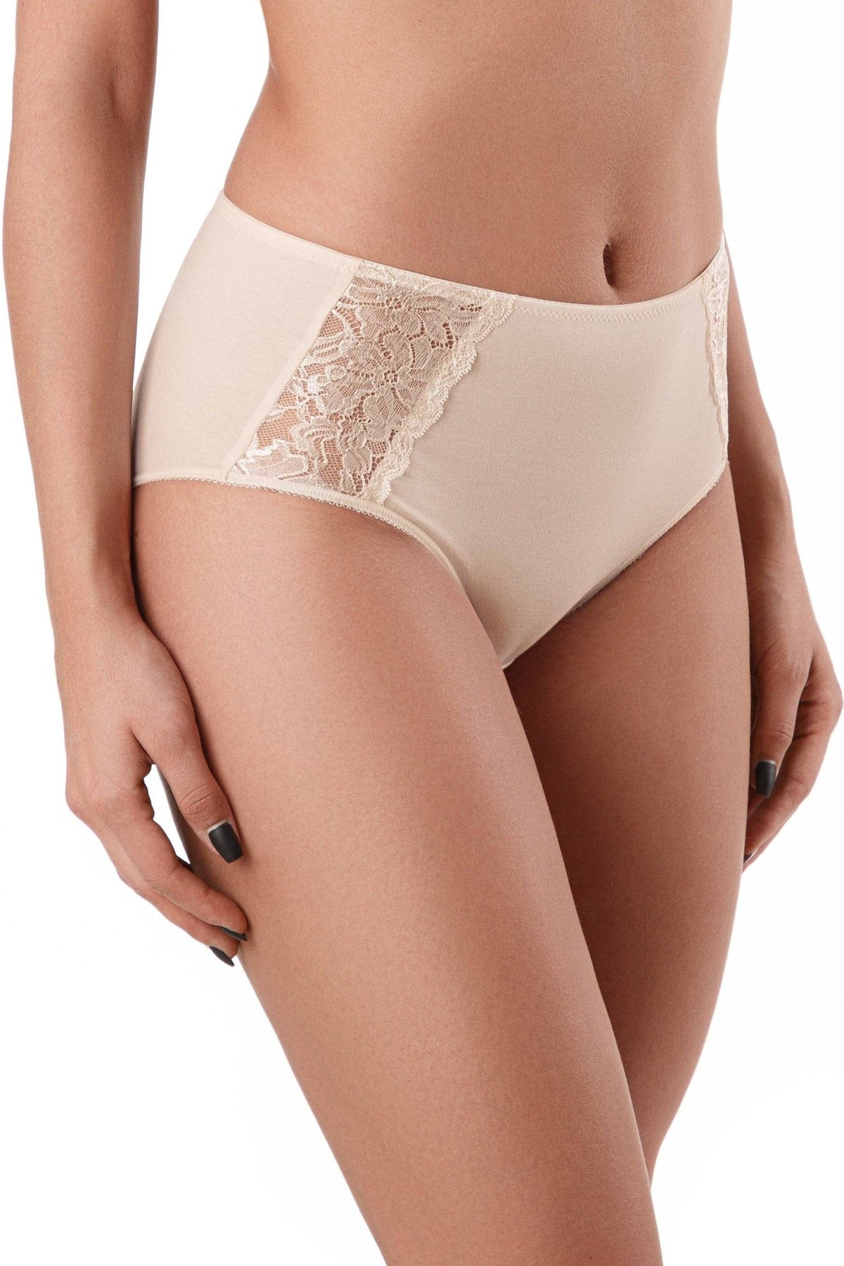 Beige high-waisted briefs featuring decorative lace side panels on a model.