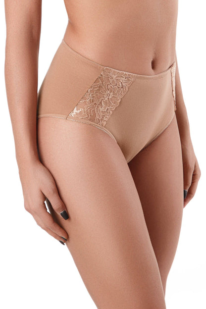Beige high-waisted briefs with decorative lace panel detailing on the sides worn by a model.