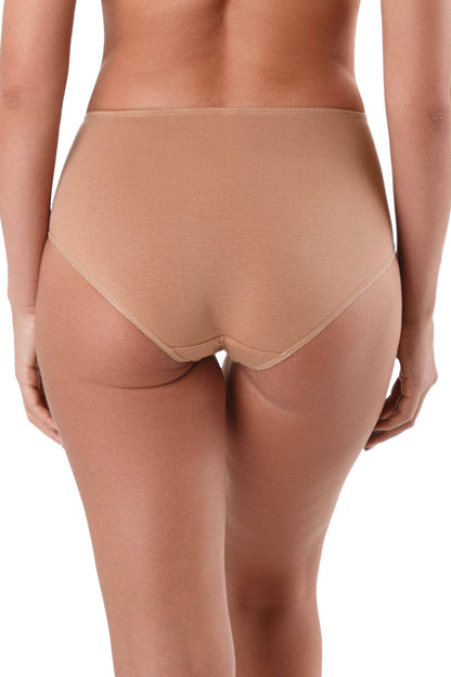 Beige full-coverage briefs viewed from the back on a person with fair skin.