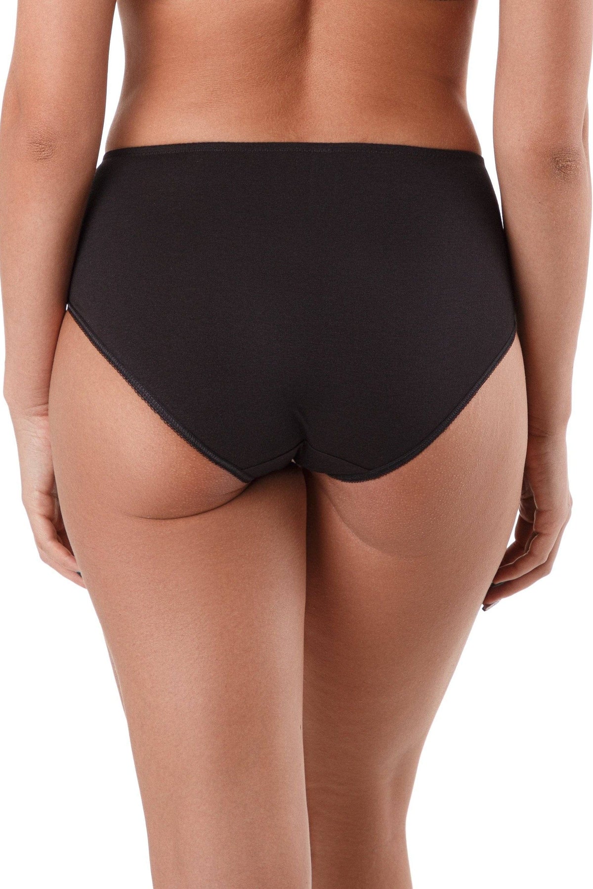 A pair of black full-coverage briefs viewed from the back on a person with fair skin.