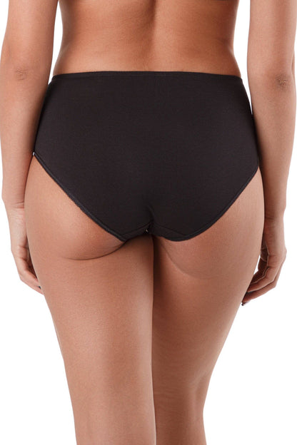 A pair of black full-coverage briefs viewed from the back on a person with fair skin.