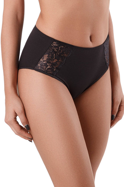 Black full-coverage briefs featuring intricate lace panels on the sides worn by a model.