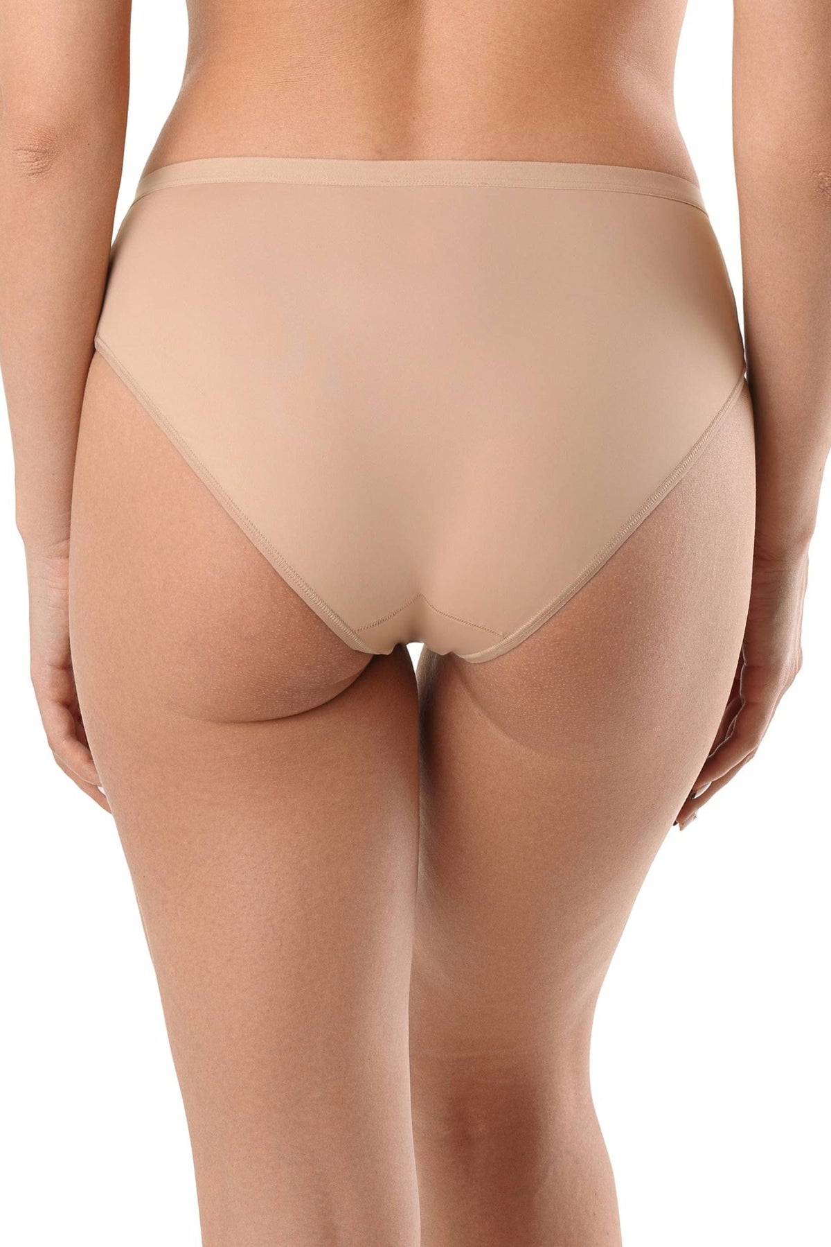 Nude-colored seamless bikini briefs shown from the back on a person with light skin.