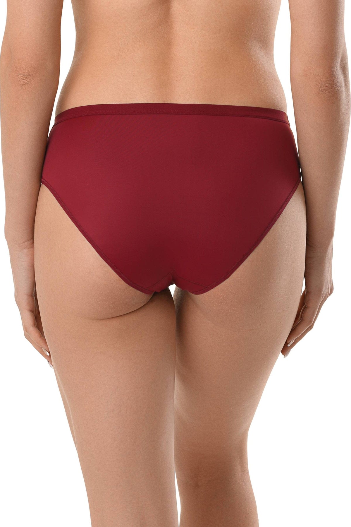 A pair of solid deep red bikini-style underwear viewed from the back on a person against a white background.