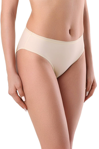 A pair of seamless beige bikini-style underwear worn on a person's lower torso against a white background.