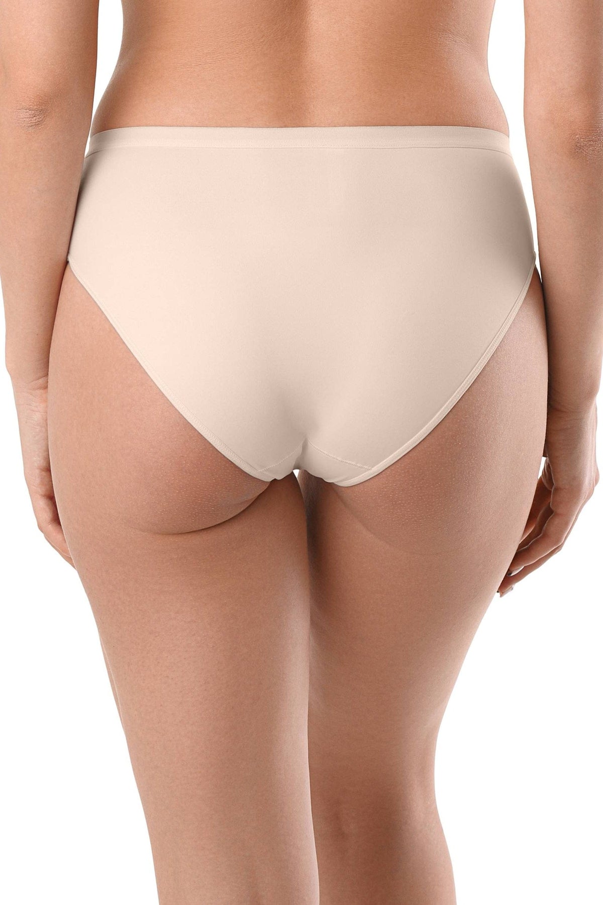 Beige high-cut bikini-style underwear worn from the back.