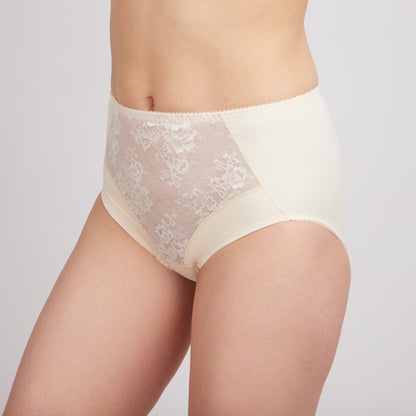 Cream-colored high-waisted briefs with an intricate floral lace panel on the front, showcased on a person against a plain light gray background.