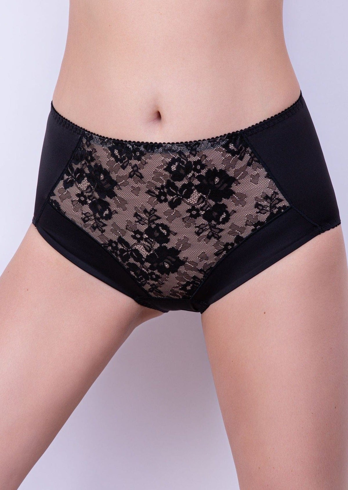 Black panties featuring a high-waisted cut with a decorative black lace panel on the front against a neutral background.