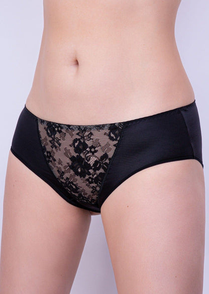 Black bikini-style underwear featuring a decorative black floral lace panel on the front center.