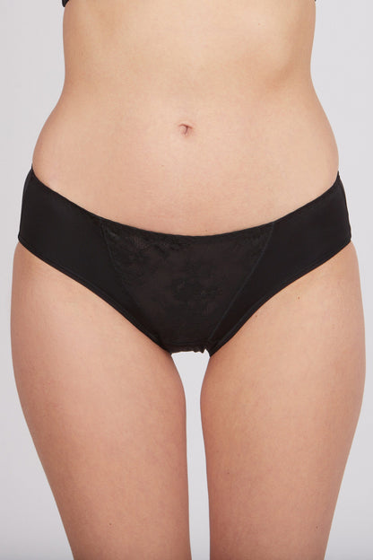Black bikini-style panties featuring a central panel of textured floral lace on a plain smooth background.