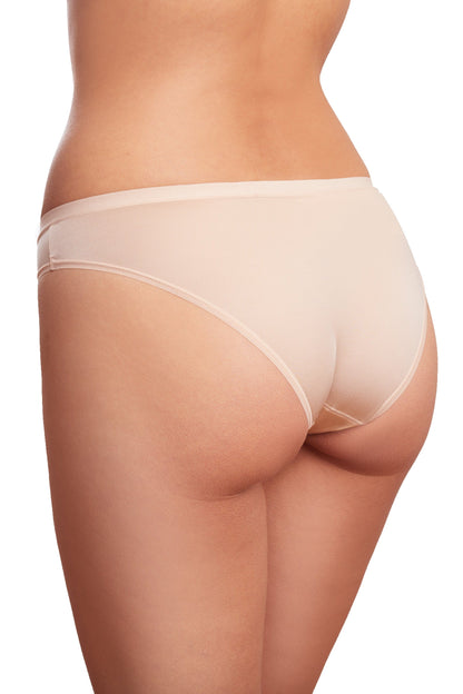 Beige bikini-style underwear viewed from the back on a model.